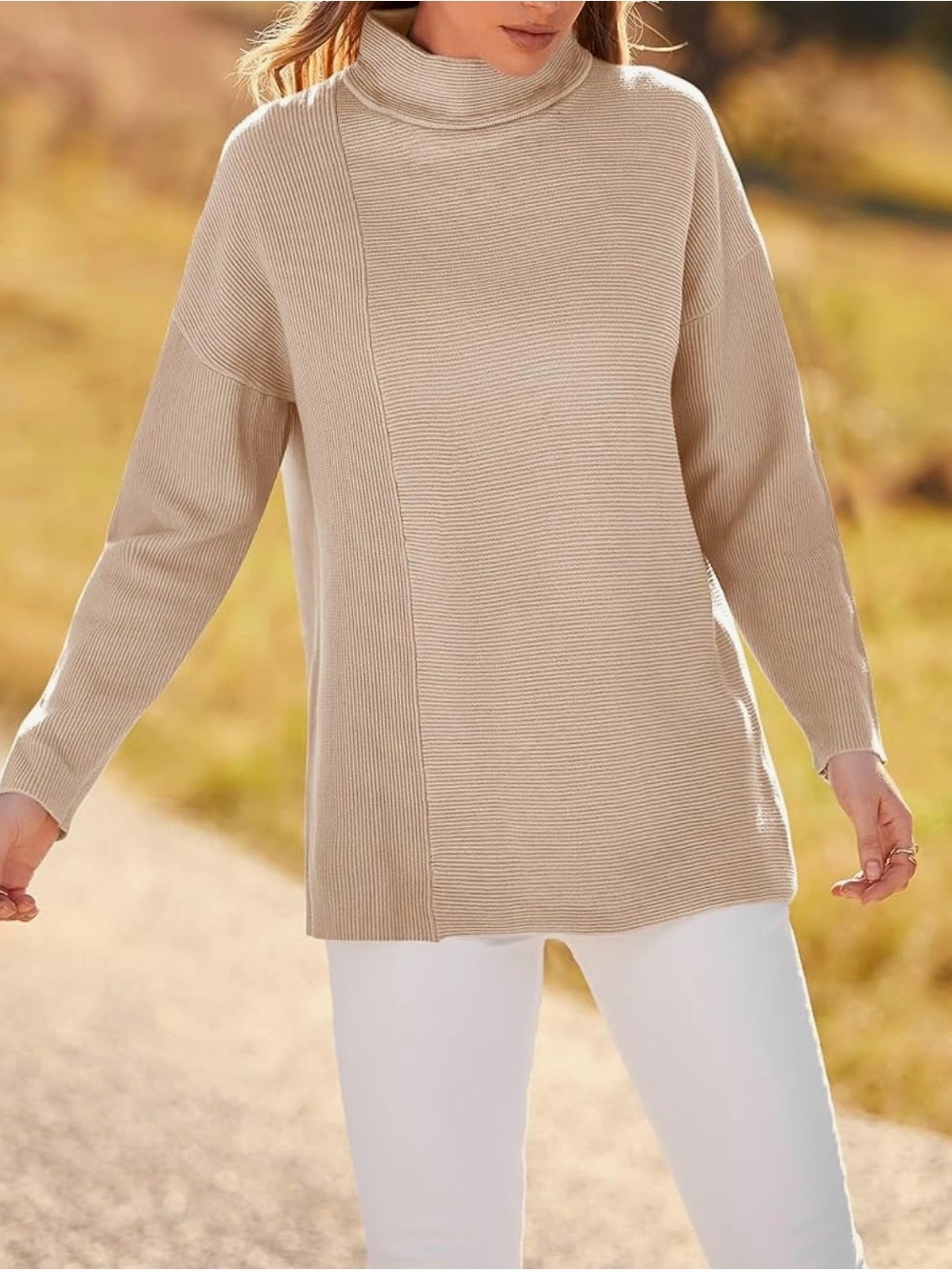 Beige Turtleneck Longline Sweater for Women